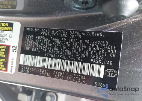 2020 Toyota Camry Se Hybrid из США, поврежденный, VIN 4T1G31AKXLU540363